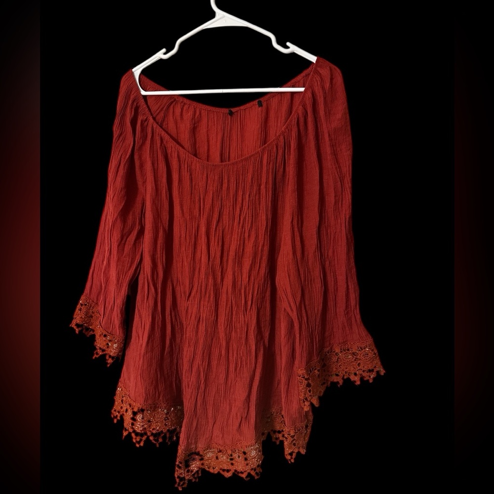 Women's Dark Red Lace Trim Top
